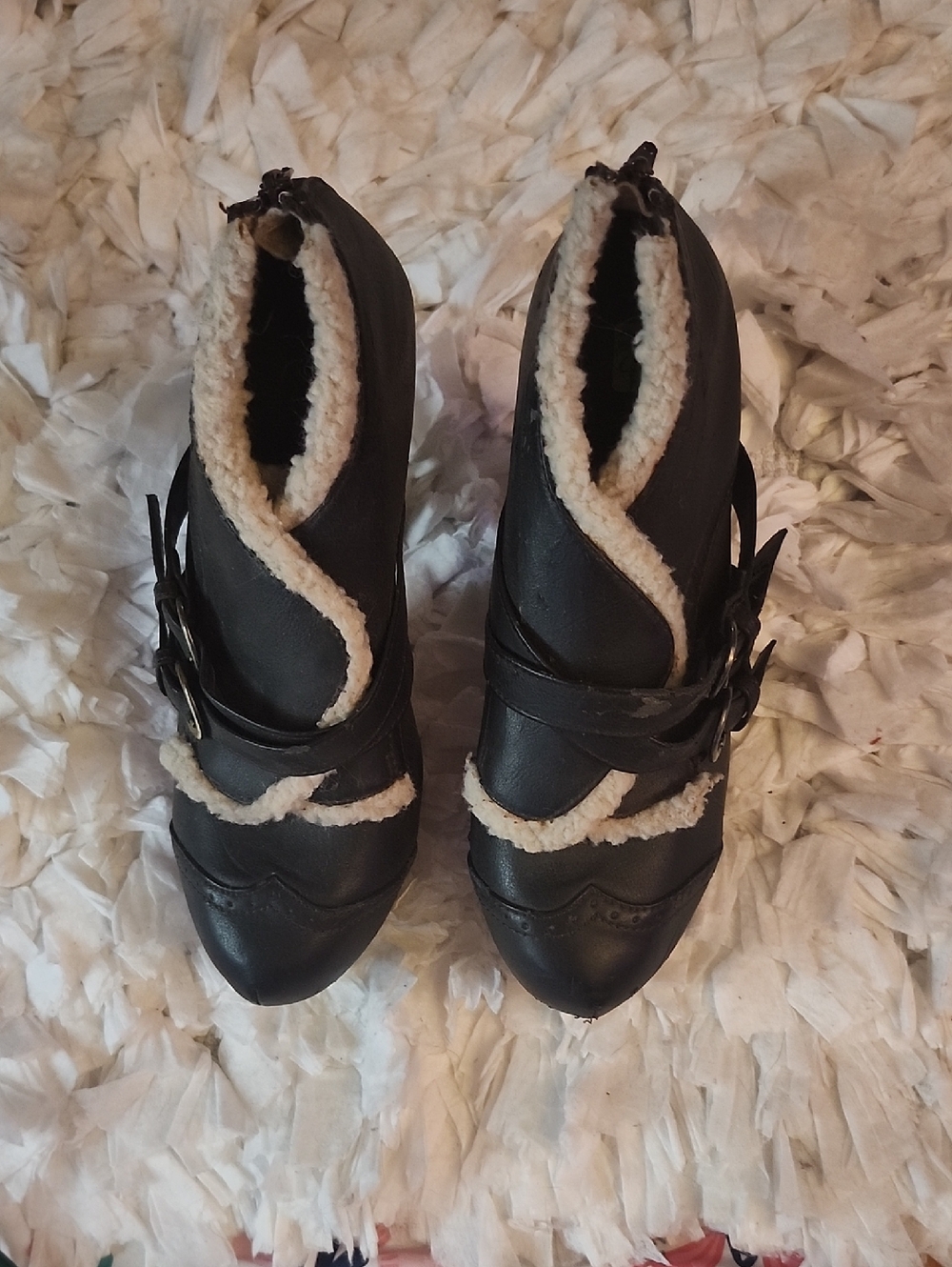 Women’s Black Faux-Shearling Ankle Booties with Buckle Detail